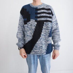Vintage '80S Street Scenes Blue Black Geometric Fisherman Eclectic Sweater XL